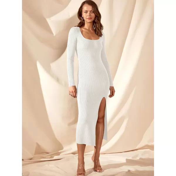 imageANRABESS Womens 2023 Trendy Long Sleeve Sweater Dress Square Neck Side Slit Bodycon Ribbed Knit Slim Fit Midi DressWhite