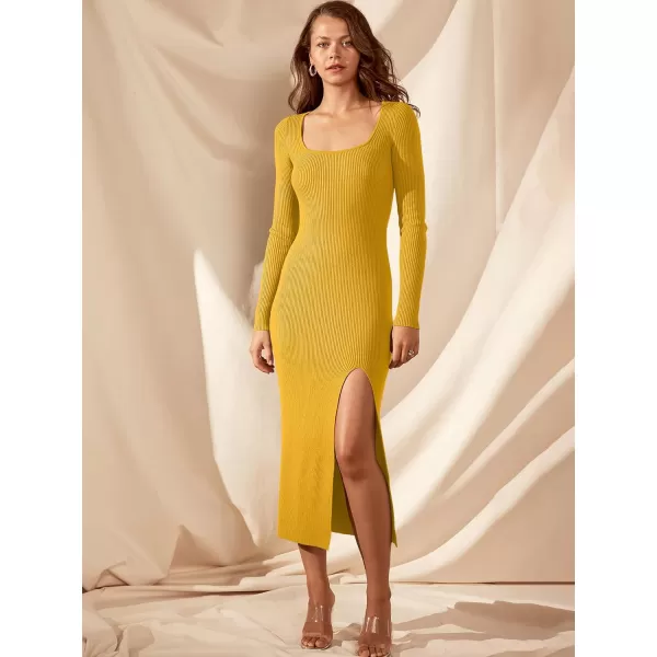 imageANRABESS Womens 2023 Trendy Long Sleeve Sweater Dress Square Neck Side Slit Bodycon Ribbed Knit Slim Fit Midi DressYellow