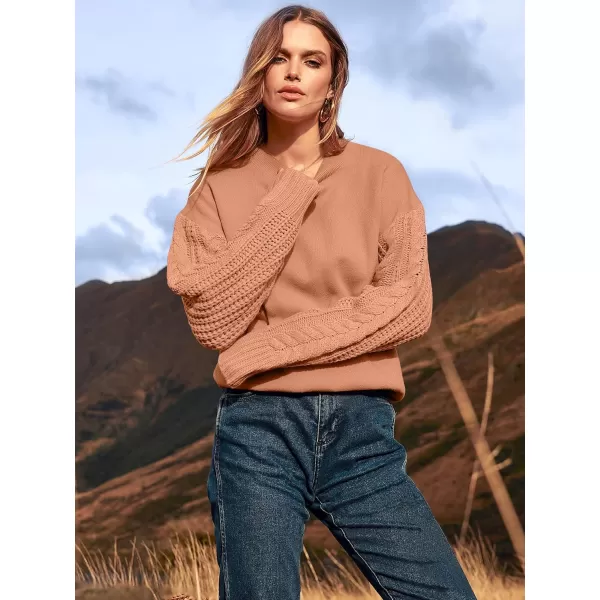 imageANRABESS Womens 2023 Trendy Sweaters Long Sleeve Crewneck Cable Knit Pullover Oversized Casual Chunky TopsAmber