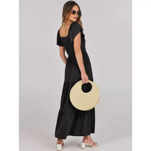 imageANRABESS Womens 2024 Summer Casual Flutter Short Sleeve V Neck Smocked Elastic Waist Tiered A Line Maxi DressBlack