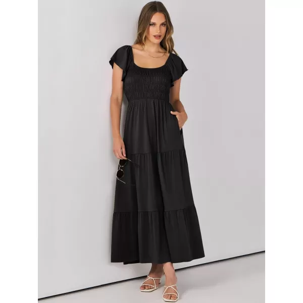 imageANRABESS Womens 2024 Summer Casual Flutter Short Sleeve V Neck Smocked Elastic Waist Tiered A Line Maxi DressBlack