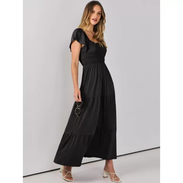 imageANRABESS Womens 2024 Summer Casual Flutter Short Sleeve V Neck Smocked Elastic Waist Tiered A Line Maxi DressBlack