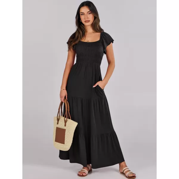 imageANRABESS Womens 2024 Summer Casual Flutter Short Sleeve V Neck Smocked Elastic Waist Tiered A Line Maxi DressBlack