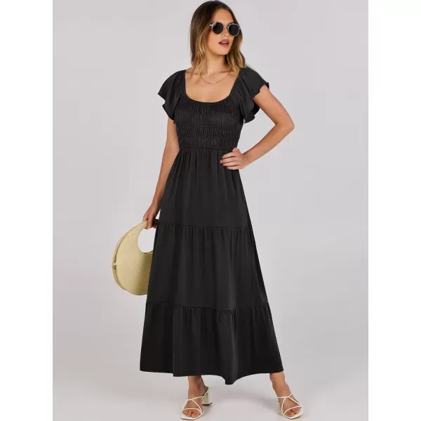 imageANRABESS Womens 2024 Summer Casual Flutter Short Sleeve V Neck Smocked Elastic Waist Tiered A Line Maxi DressBlack