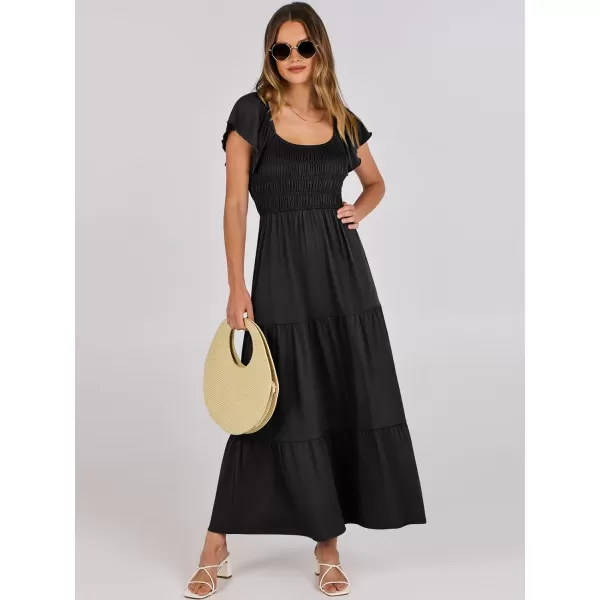 imageANRABESS Womens 2024 Summer Casual Flutter Short Sleeve V Neck Smocked Elastic Waist Tiered A Line Maxi DressBlack
