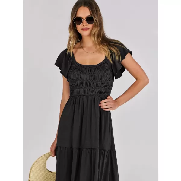 imageANRABESS Womens 2024 Summer Casual Flutter Short Sleeve V Neck Smocked Elastic Waist Tiered A Line Maxi DressBlack