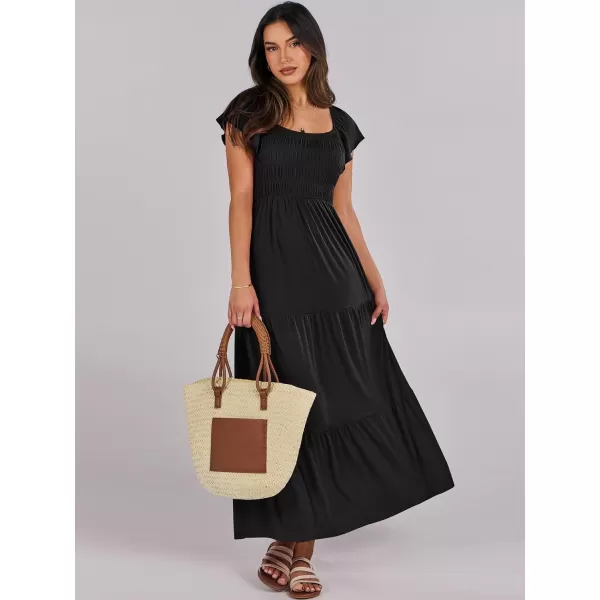 imageANRABESS Womens 2024 Summer Casual Flutter Short Sleeve V Neck Smocked Elastic Waist Tiered A Line Maxi DressBlack