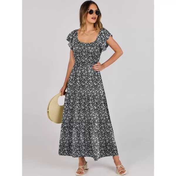 imageANRABESS Womens 2024 Summer Casual Flutter Short Sleeve V Neck Smocked Elastic Waist Tiered A Line Maxi DressBlack Floral