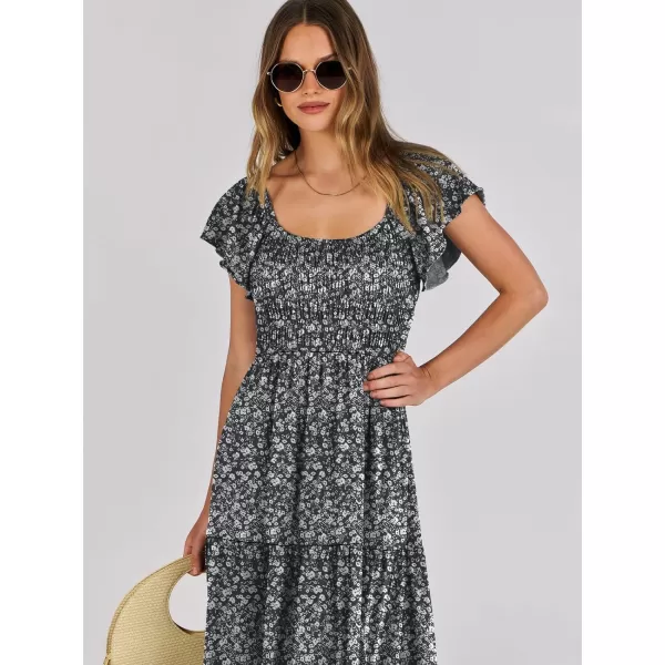 imageANRABESS Womens 2024 Summer Casual Flutter Short Sleeve V Neck Smocked Elastic Waist Tiered A Line Maxi DressBlack Floral