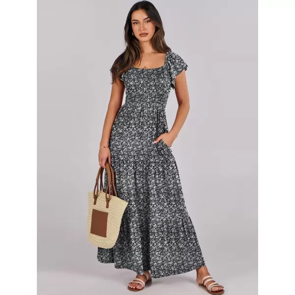 imageANRABESS Womens 2024 Summer Casual Flutter Short Sleeve V Neck Smocked Elastic Waist Tiered A Line Maxi DressBlack Floral