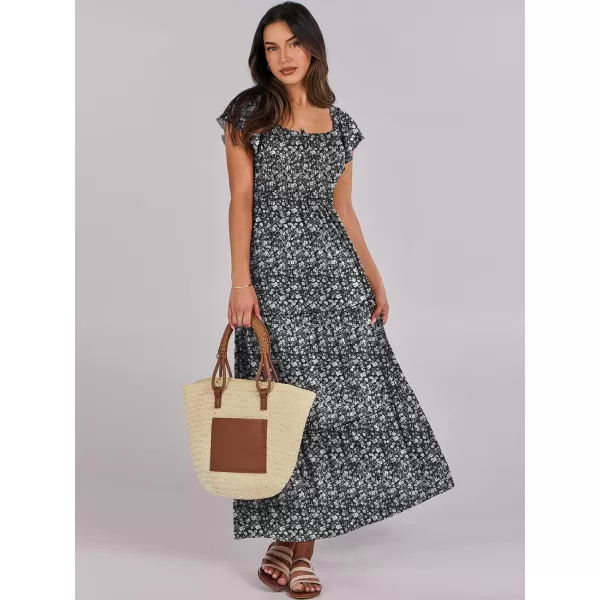 imageANRABESS Womens 2024 Summer Casual Flutter Short Sleeve V Neck Smocked Elastic Waist Tiered A Line Maxi DressBlack Floral