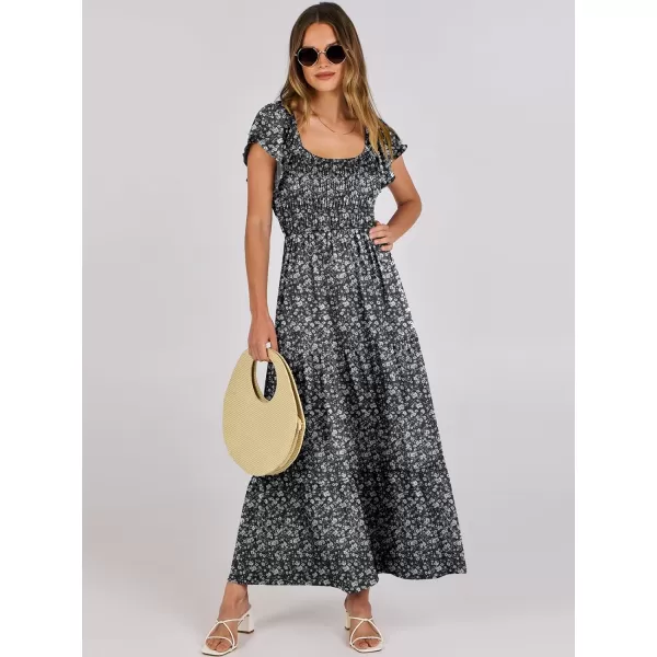 imageANRABESS Womens 2024 Summer Casual Flutter Short Sleeve V Neck Smocked Elastic Waist Tiered A Line Maxi DressBlack Floral