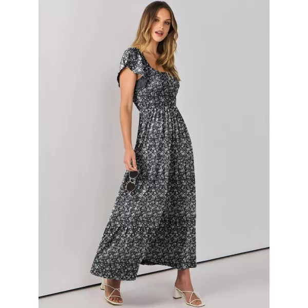 imageANRABESS Womens 2024 Summer Casual Flutter Short Sleeve V Neck Smocked Elastic Waist Tiered A Line Maxi DressBlack Floral