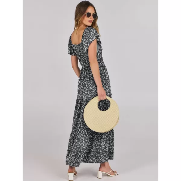 imageANRABESS Womens 2024 Summer Casual Flutter Short Sleeve V Neck Smocked Elastic Waist Tiered A Line Maxi DressBlack Floral