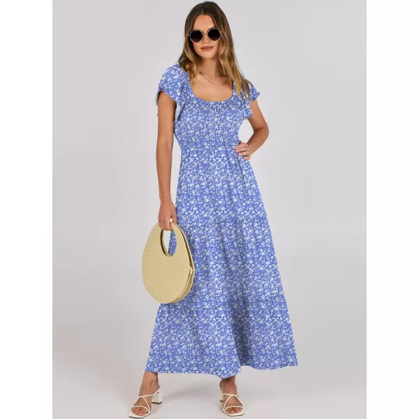 imageANRABESS Womens 2024 Summer Casual Flutter Short Sleeve V Neck Smocked Elastic Waist Tiered A Line Maxi DressBlue Floral