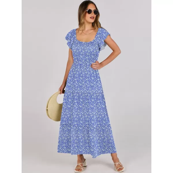 imageANRABESS Womens 2024 Summer Casual Flutter Short Sleeve V Neck Smocked Elastic Waist Tiered A Line Maxi DressBlue Floral
