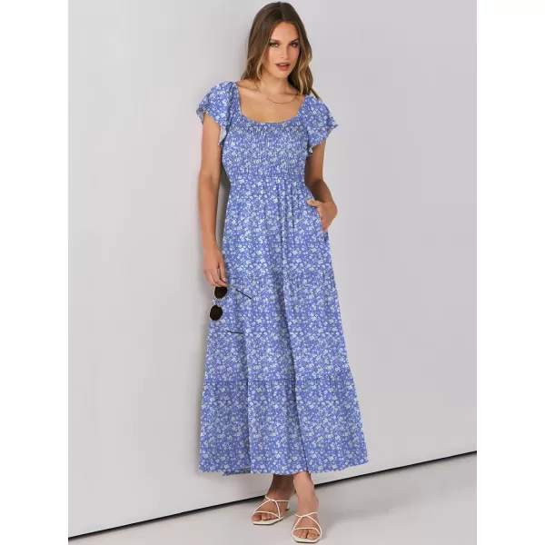 imageANRABESS Womens 2024 Summer Casual Flutter Short Sleeve V Neck Smocked Elastic Waist Tiered A Line Maxi DressBlue Floral