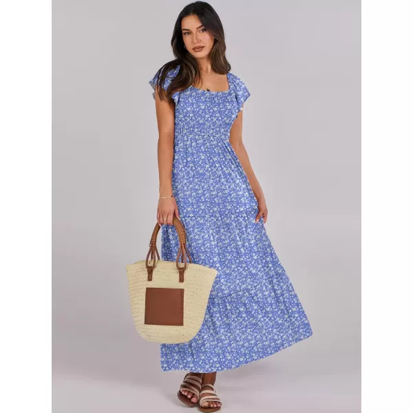 imageANRABESS Womens 2024 Summer Casual Flutter Short Sleeve V Neck Smocked Elastic Waist Tiered A Line Maxi DressBlue Floral