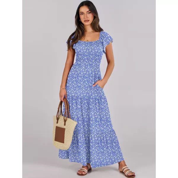 imageANRABESS Womens 2024 Summer Casual Flutter Short Sleeve V Neck Smocked Elastic Waist Tiered A Line Maxi DressBlue Floral