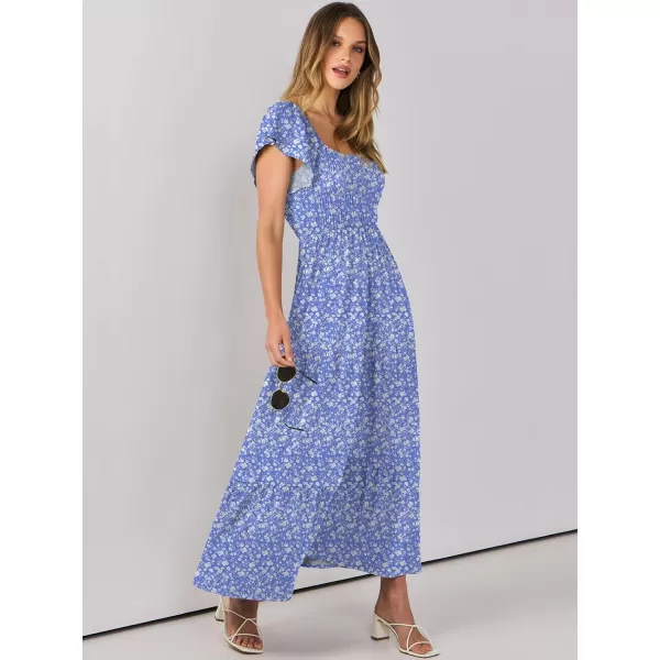 imageANRABESS Womens 2024 Summer Casual Flutter Short Sleeve V Neck Smocked Elastic Waist Tiered A Line Maxi DressBlue Floral