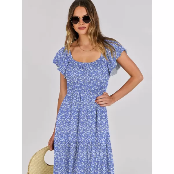 imageANRABESS Womens 2024 Summer Casual Flutter Short Sleeve V Neck Smocked Elastic Waist Tiered A Line Maxi DressBlue Floral