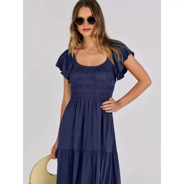 imageANRABESS Womens 2024 Summer Casual Flutter Short Sleeve V Neck Smocked Elastic Waist Tiered A Line Maxi DressNavy Blue