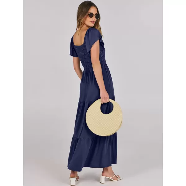 imageANRABESS Womens 2024 Summer Casual Flutter Short Sleeve V Neck Smocked Elastic Waist Tiered A Line Maxi DressNavy Blue