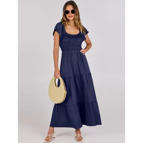 imageANRABESS Womens 2024 Summer Casual Flutter Short Sleeve V Neck Smocked Elastic Waist Tiered A Line Maxi DressNavy Blue