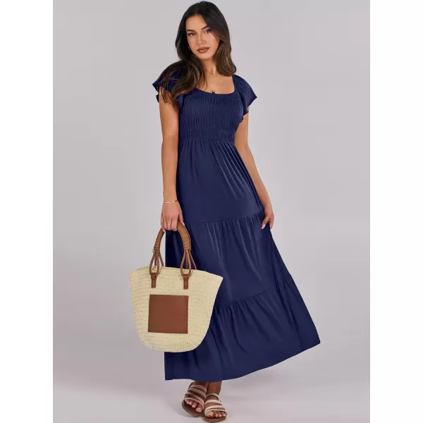 imageANRABESS Womens 2024 Summer Casual Flutter Short Sleeve V Neck Smocked Elastic Waist Tiered A Line Maxi DressNavy Blue