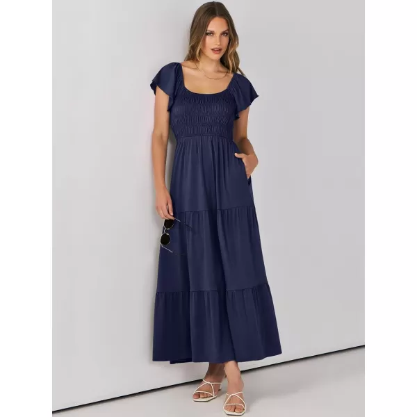 imageANRABESS Womens 2024 Summer Casual Flutter Short Sleeve V Neck Smocked Elastic Waist Tiered A Line Maxi DressNavy Blue