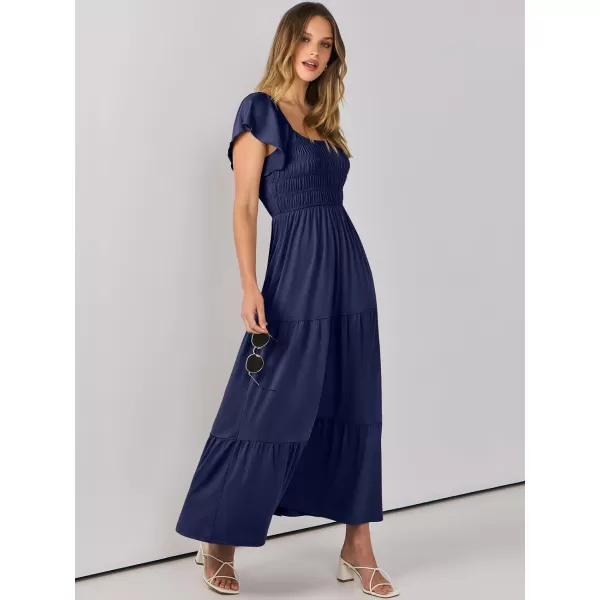 imageANRABESS Womens 2024 Summer Casual Flutter Short Sleeve V Neck Smocked Elastic Waist Tiered A Line Maxi DressNavy Blue