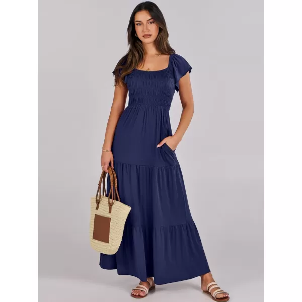 imageANRABESS Womens 2024 Summer Casual Flutter Short Sleeve V Neck Smocked Elastic Waist Tiered A Line Maxi DressNavy Blue