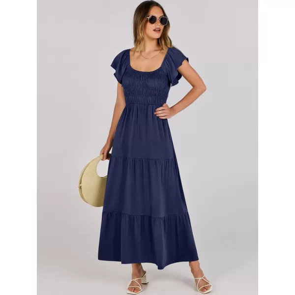 imageANRABESS Womens 2024 Summer Casual Flutter Short Sleeve V Neck Smocked Elastic Waist Tiered A Line Maxi DressNavy Blue