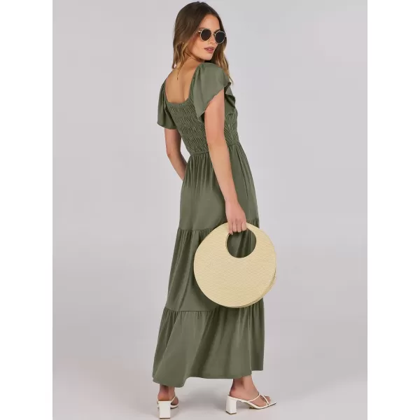 imageANRABESS Womens 2024 Summer Casual Flutter Short Sleeve V Neck Smocked Elastic Waist Tiered A Line Maxi DressOlive