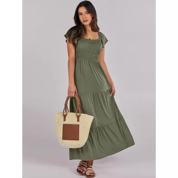 imageANRABESS Womens 2024 Summer Casual Flutter Short Sleeve V Neck Smocked Elastic Waist Tiered A Line Maxi DressOlive