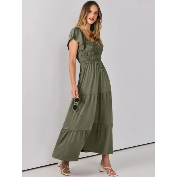 imageANRABESS Womens 2024 Summer Casual Flutter Short Sleeve V Neck Smocked Elastic Waist Tiered A Line Maxi DressOlive