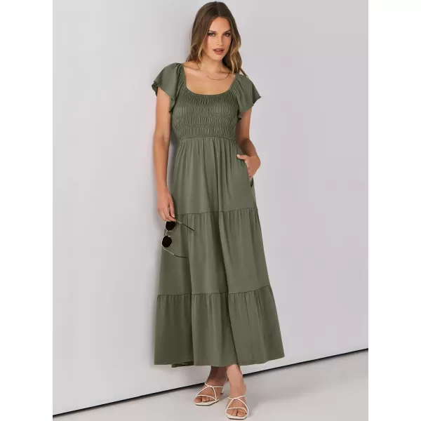 imageANRABESS Womens 2024 Summer Casual Flutter Short Sleeve V Neck Smocked Elastic Waist Tiered A Line Maxi DressOlive