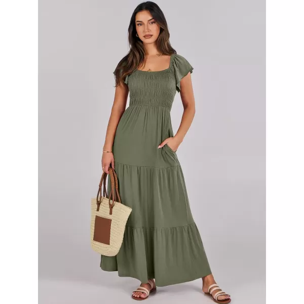 imageANRABESS Womens 2024 Summer Casual Flutter Short Sleeve V Neck Smocked Elastic Waist Tiered A Line Maxi DressOlive