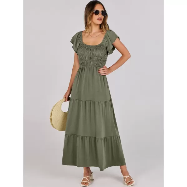 imageANRABESS Womens 2024 Summer Casual Flutter Short Sleeve V Neck Smocked Elastic Waist Tiered A Line Maxi DressOlive