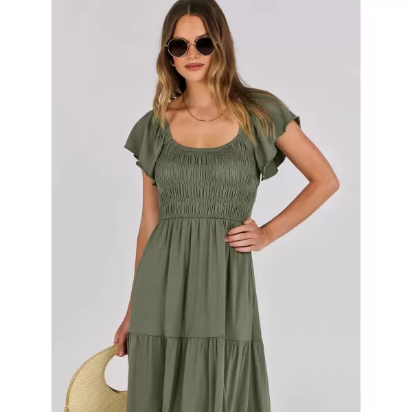imageANRABESS Womens 2024 Summer Casual Flutter Short Sleeve V Neck Smocked Elastic Waist Tiered A Line Maxi DressOlive
