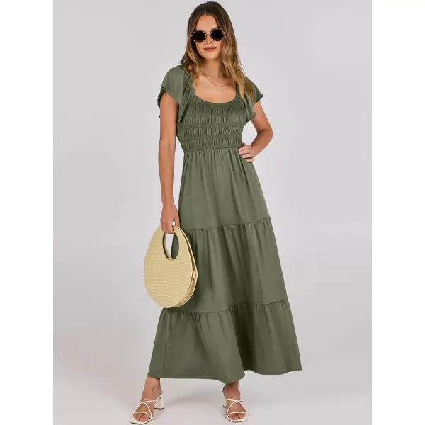 imageANRABESS Womens 2024 Summer Casual Flutter Short Sleeve V Neck Smocked Elastic Waist Tiered A Line Maxi DressOlive