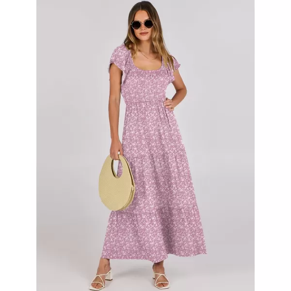 imageANRABESS Womens 2024 Summer Casual Flutter Short Sleeve V Neck Smocked Elastic Waist Tiered A Line Maxi DressPink Floral