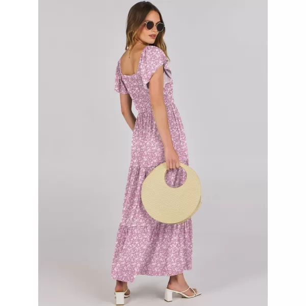 imageANRABESS Womens 2024 Summer Casual Flutter Short Sleeve V Neck Smocked Elastic Waist Tiered A Line Maxi DressPink Floral