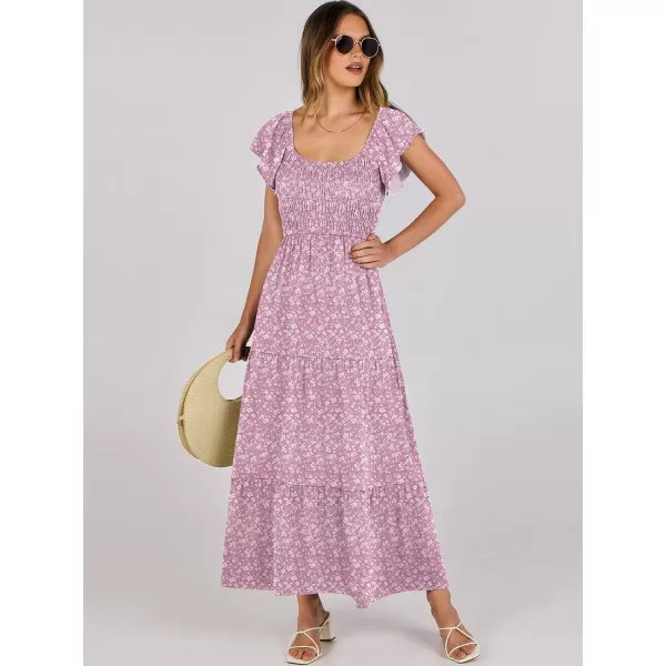 imageANRABESS Womens 2024 Summer Casual Flutter Short Sleeve V Neck Smocked Elastic Waist Tiered A Line Maxi DressPink Floral