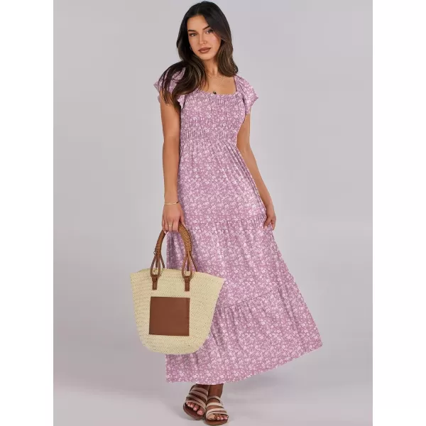 imageANRABESS Womens 2024 Summer Casual Flutter Short Sleeve V Neck Smocked Elastic Waist Tiered A Line Maxi DressPink Floral