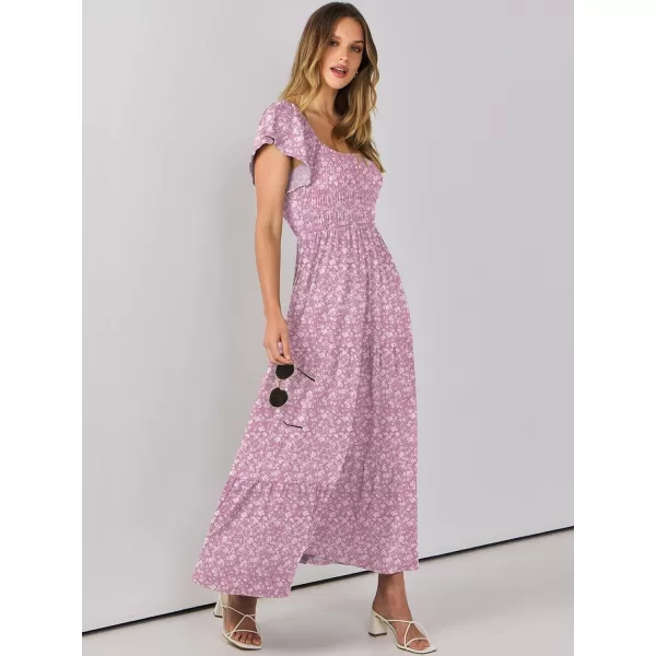 imageANRABESS Womens 2024 Summer Casual Flutter Short Sleeve V Neck Smocked Elastic Waist Tiered A Line Maxi DressPink Floral