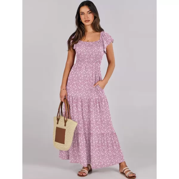 imageANRABESS Womens 2024 Summer Casual Flutter Short Sleeve V Neck Smocked Elastic Waist Tiered A Line Maxi DressPink Floral