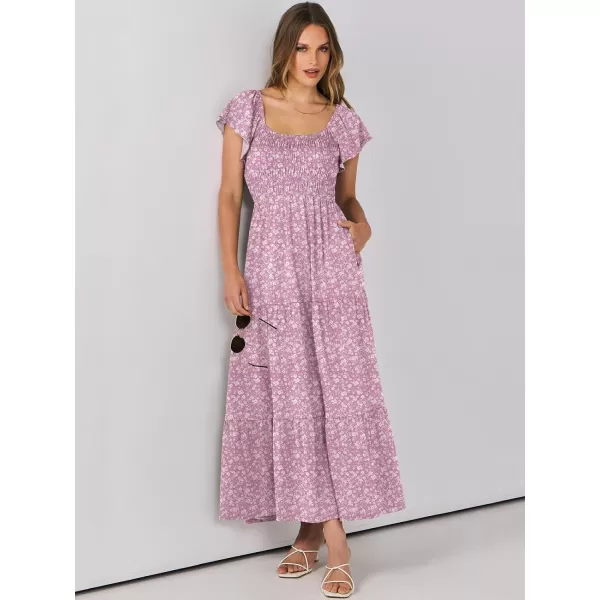 imageANRABESS Womens 2024 Summer Casual Flutter Short Sleeve V Neck Smocked Elastic Waist Tiered A Line Maxi DressPink Floral