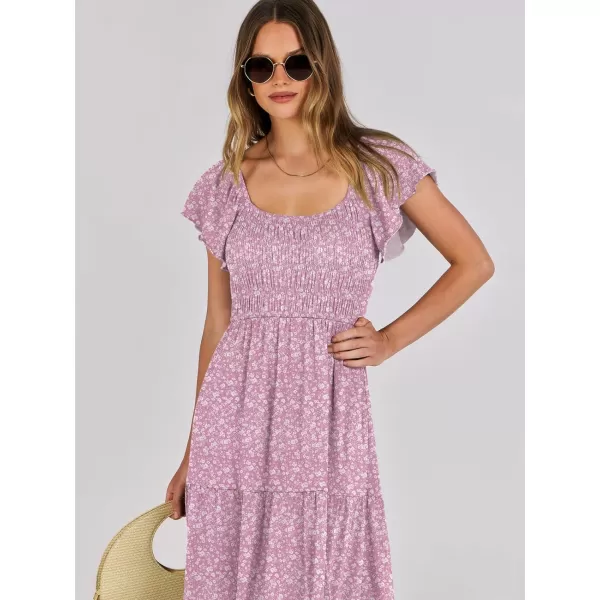 imageANRABESS Womens 2024 Summer Casual Flutter Short Sleeve V Neck Smocked Elastic Waist Tiered A Line Maxi DressPink Floral