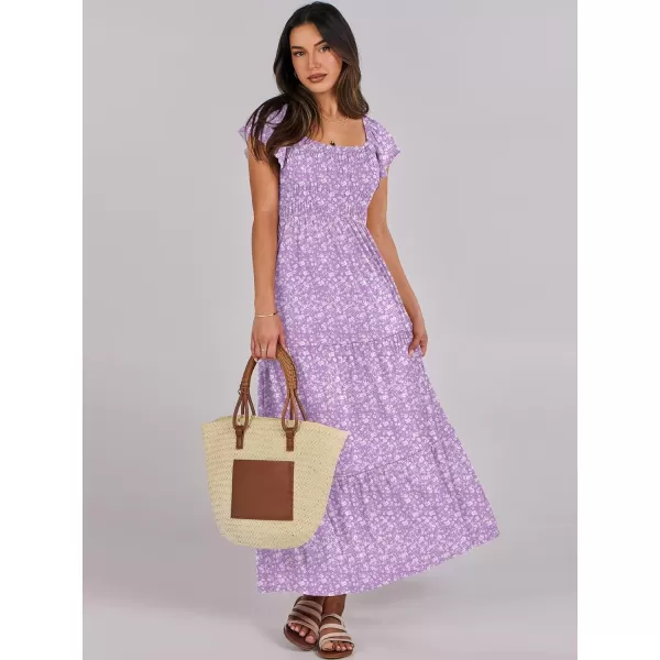 imageANRABESS Womens 2024 Summer Casual Flutter Short Sleeve V Neck Smocked Elastic Waist Tiered A Line Maxi DressPurple Floral